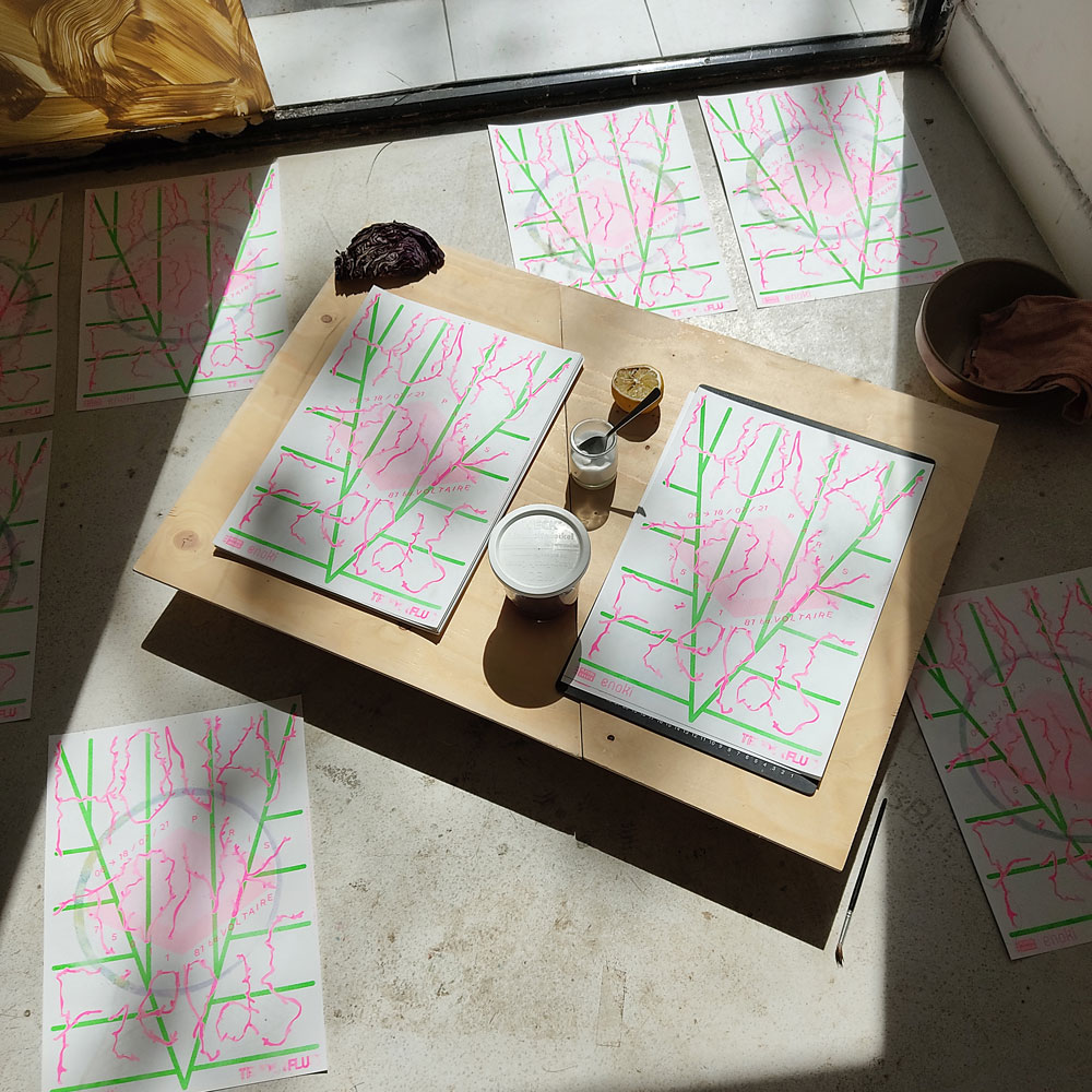 Juliette Gelli~, Honky Tonk Fields, rhizographie rose et vert fluo, 2021